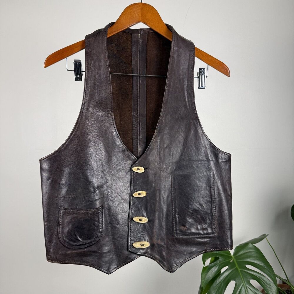Vintage 60s 70s Handmade Artisan Leather Vest | Deep V Narrow Shoulder Cut